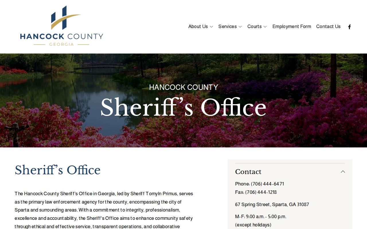 Hancock County Sheriff's Office contact page for warrant record routing